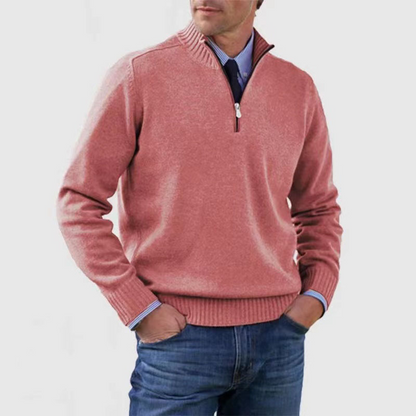 Men's half-zip mock neck sweater with long sleeves and ribbed trims