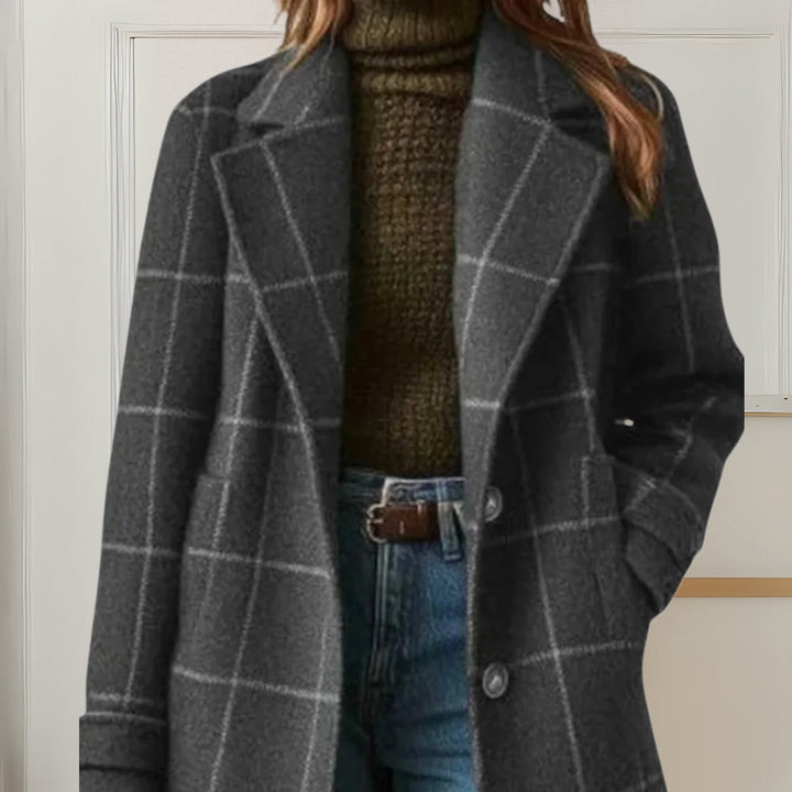 Women's long checked coat with notched lapels and button front