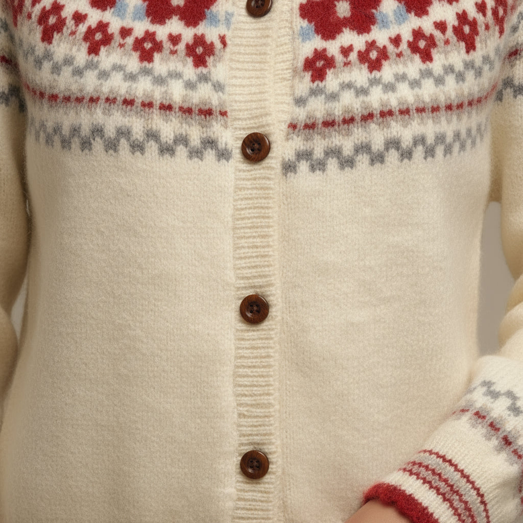 Women's cream Fair Isle cardigan with button front and patterned yoke