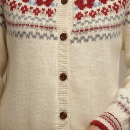 Women's cream Fair Isle cardigan with button front and patterned yoke