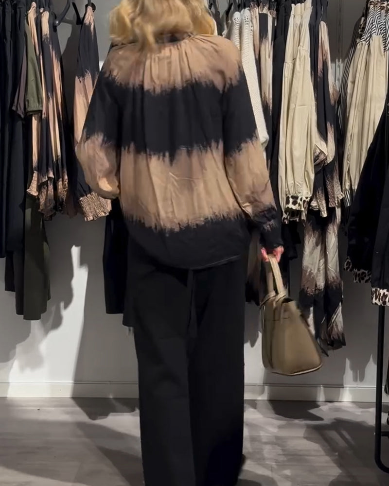 Women's brown and black tie-dye V-neck blouse with long sleeves and buttons