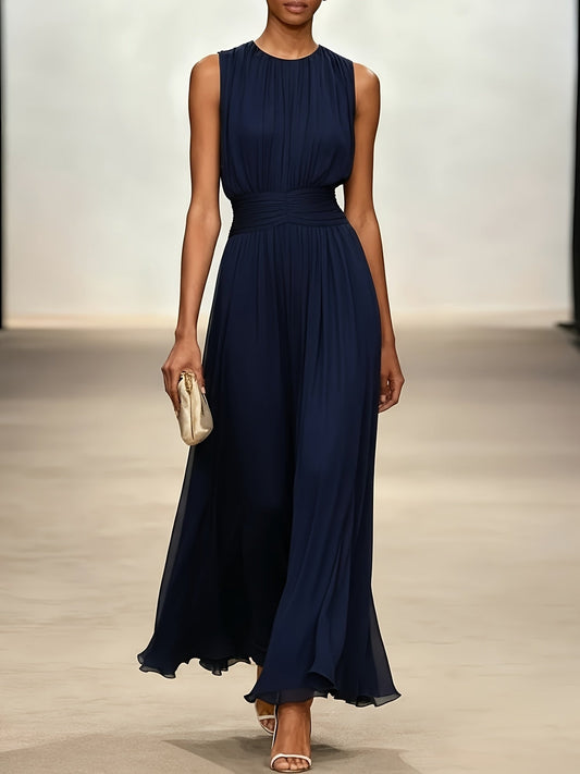Women's Chiffon Midi Dress — Draped-Waist Flowing Elegant Summer Dress