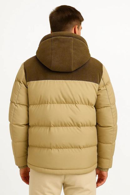 Men's hooded quilted puffer jacket with zip front and long sleeves