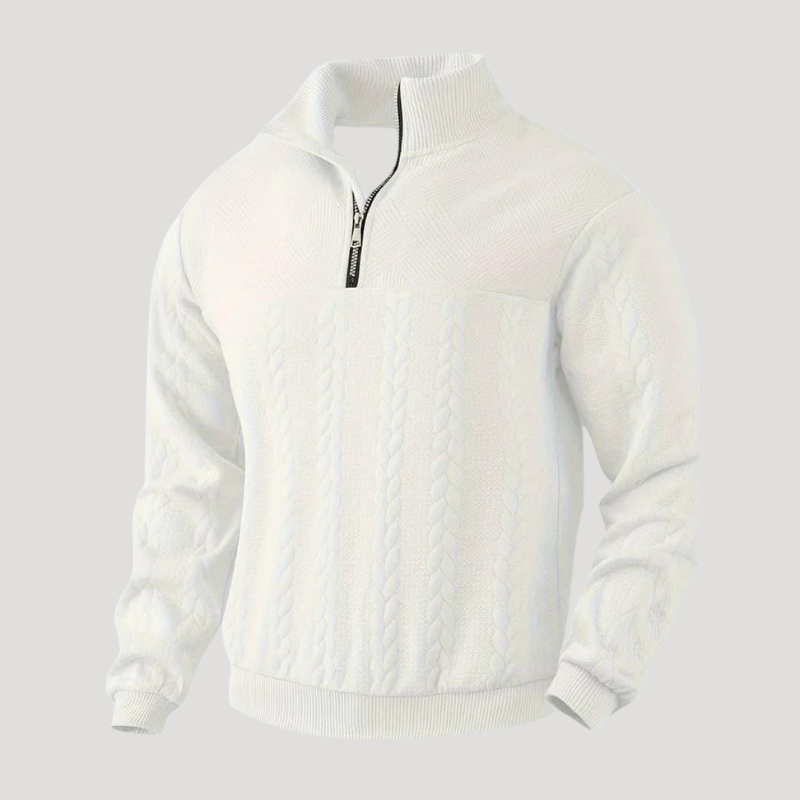 Men's cable knit half-zip sweater with mock neck and long sleeves