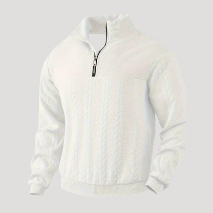 Men's cable knit half-zip sweater with mock neck and long sleeves
