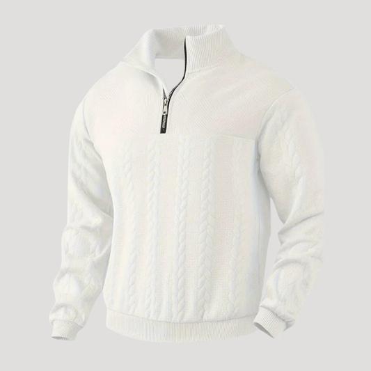 Men's cable knit half-zip sweater with mock neck and long sleeves