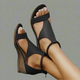 Women's T-strap wedge sandal with ankle buckle and platform sole