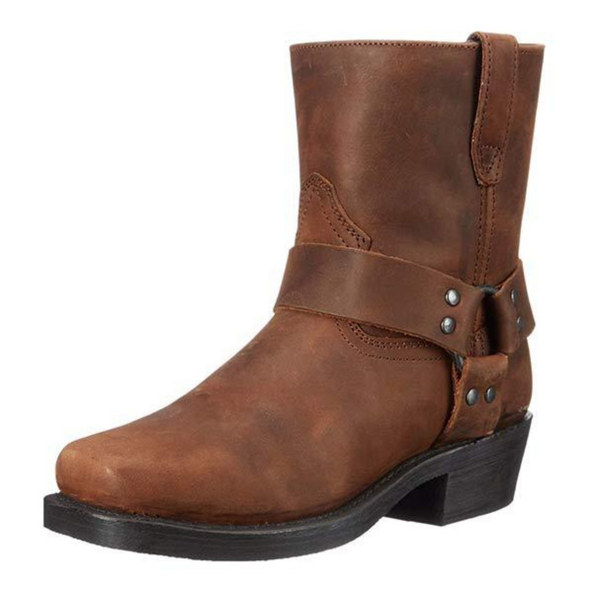 Men's cowboy boots with decorative strap, metal studs and low heel