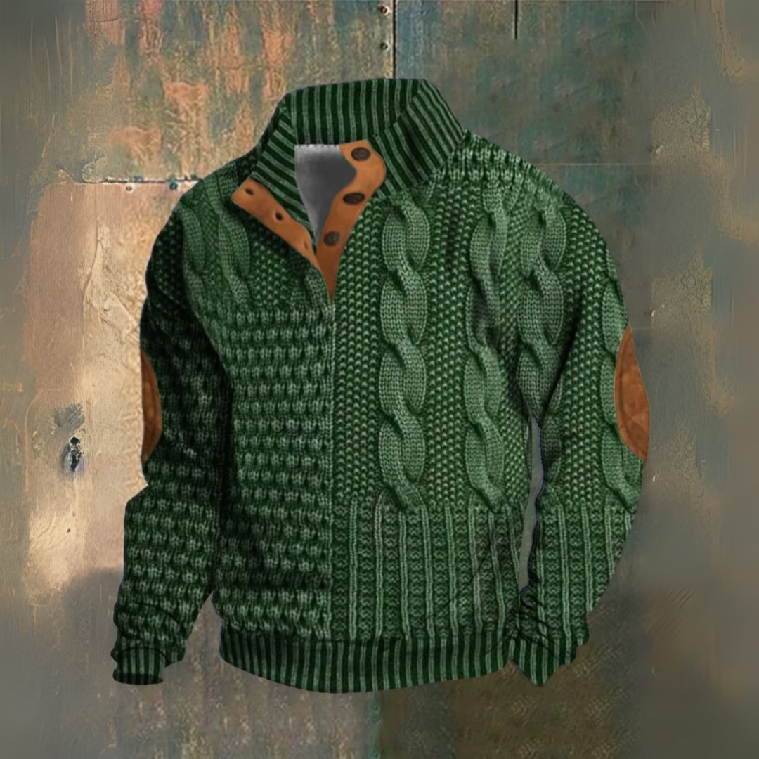 Men's textured cable knit sweater with high collar, button placket and sleeve patches