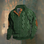Men's textured cable knit sweater with high collar, button placket and sleeve patches