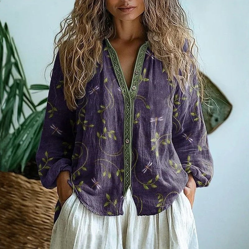 Adeline - Vintage Leaf Print Shirt