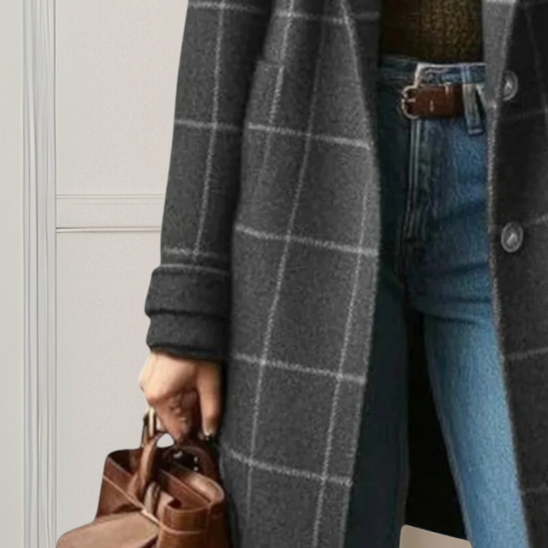 Women's long checked coat with notched lapels and button front