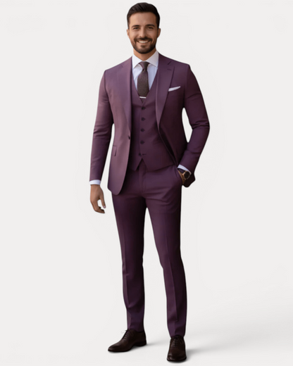 Men's three-piece suit with notched lapels, buttoned waistcoat and tailored trousers