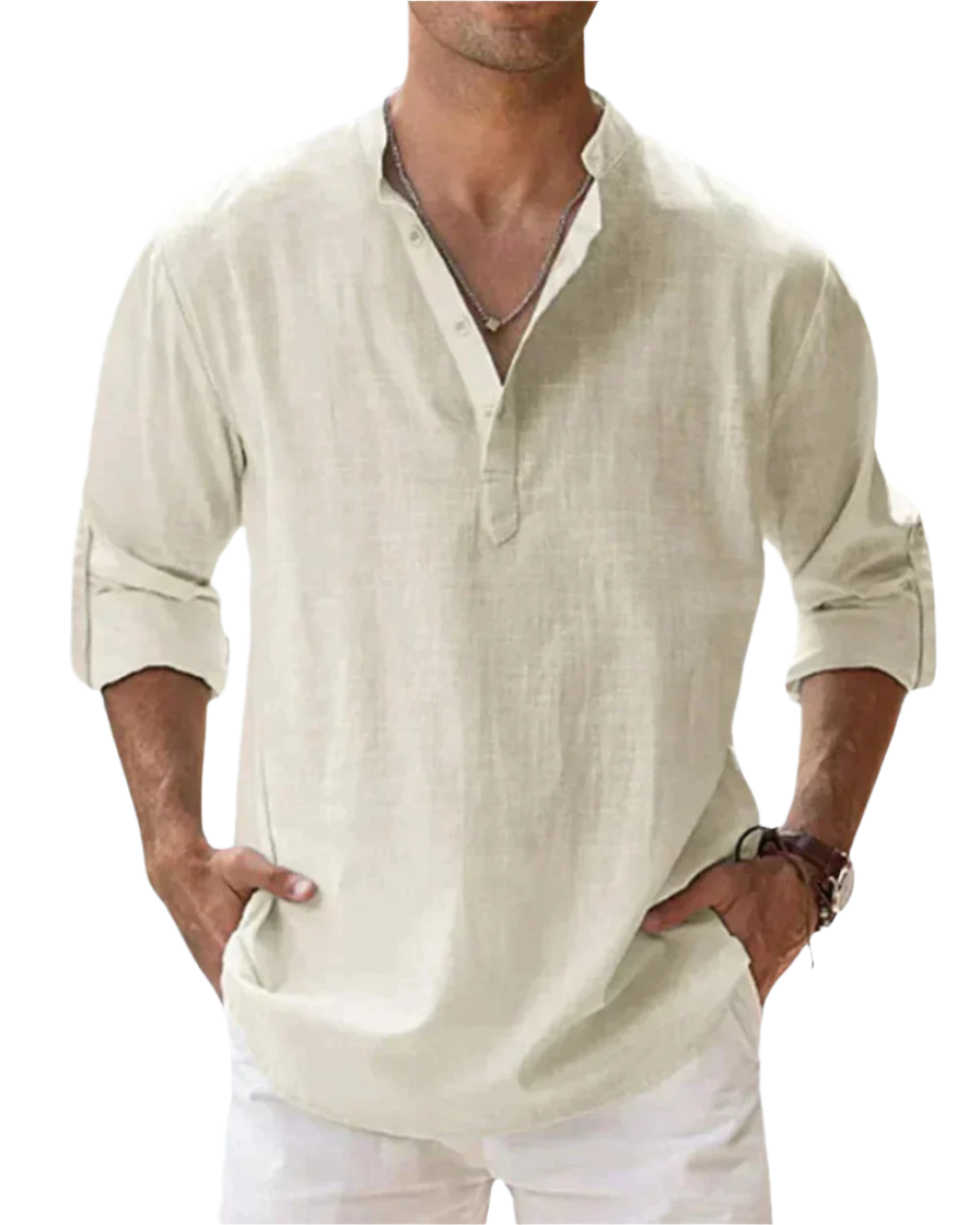 Men's solid long sleeve shirt with open collar and rolled sleeves