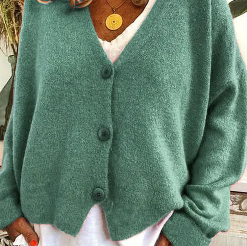 Women's V-neck button cardigan with long sleeves