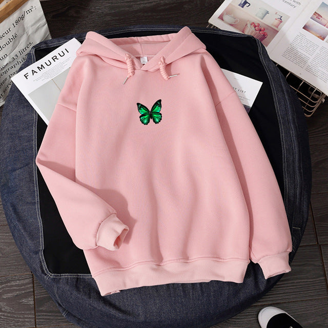 Women's hooded sweatshirt with butterfly chest print