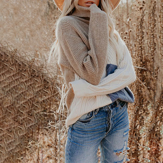 Women's multicolor color-block turtleneck sweater with cable-knit detailing