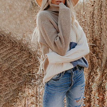 Women's multicolor color-block turtleneck sweater with cable-knit detailing
