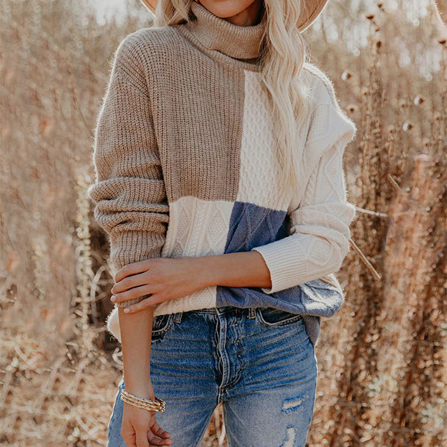 Women's multicolor color-block turtleneck sweater with cable-knit detailing