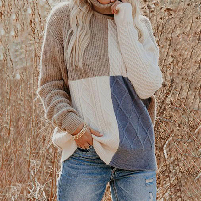 Women's multicolor color-block turtleneck sweater with cable-knit detailing