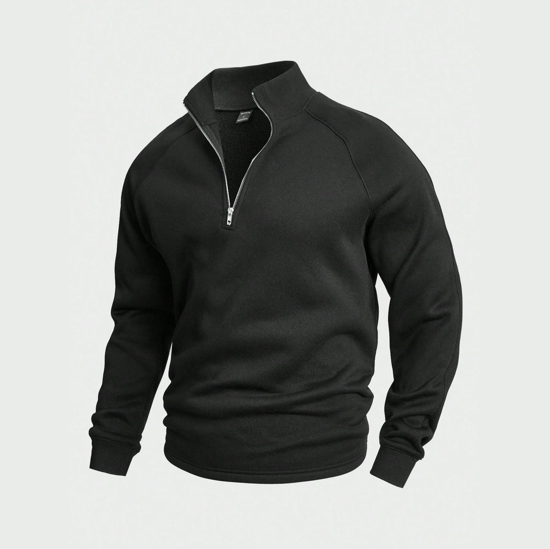 Men's plain half-zip pullover with stand collar and long sleeves