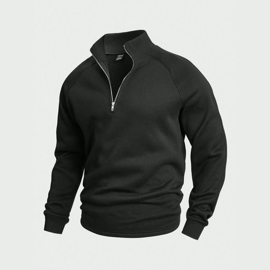 Men's plain half-zip pullover with stand collar and long sleeves