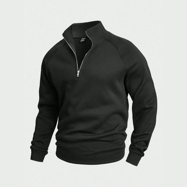 Men's plain half-zip pullover with stand collar and long sleeves