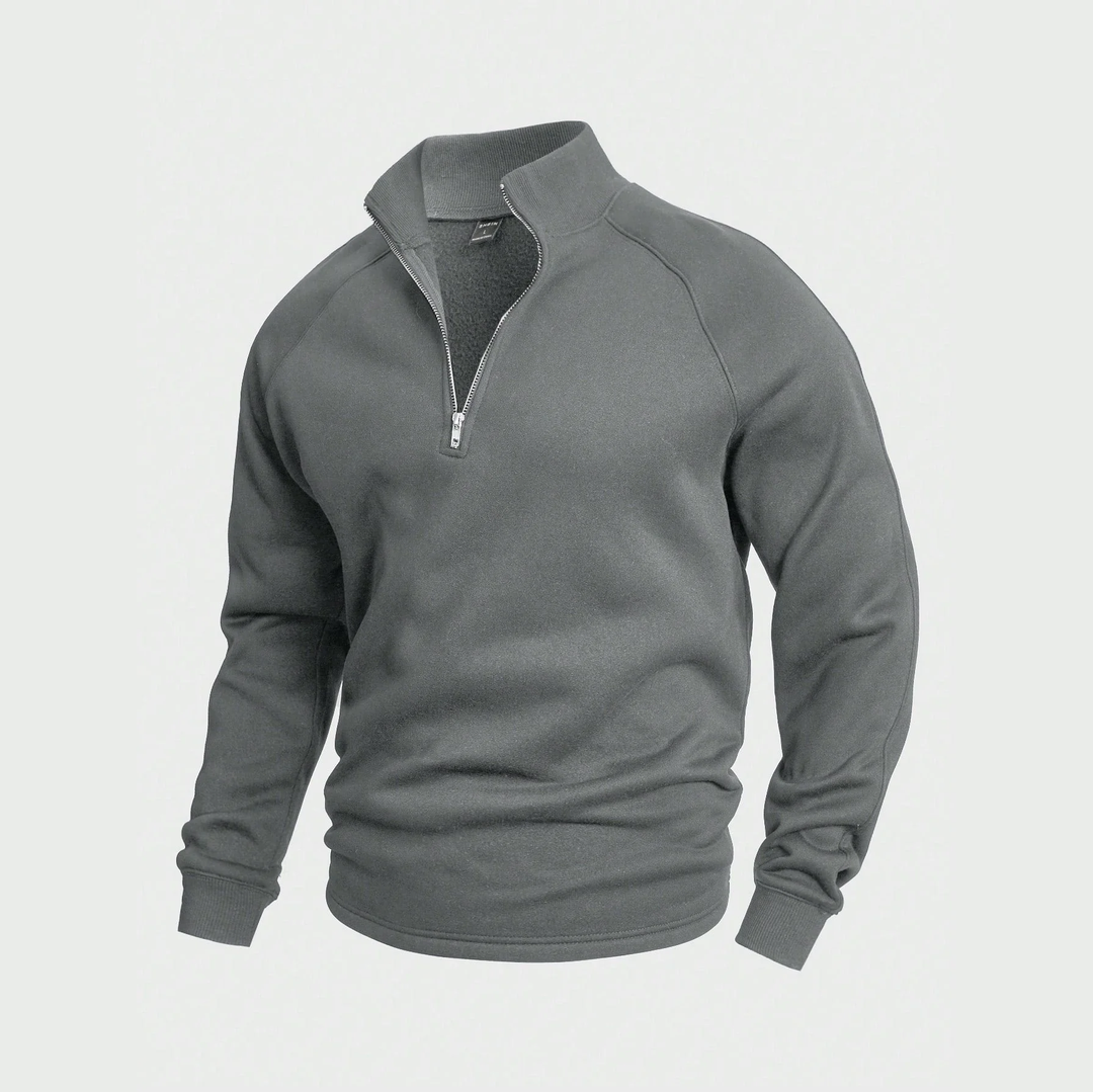 Men's plain half-zip pullover with stand collar and long sleeves