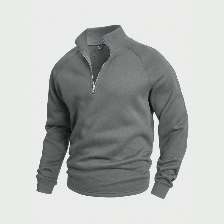 Men's plain half-zip pullover with stand collar and long sleeves
