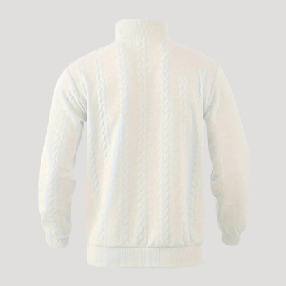 Men's cable knit half-zip sweater with mock neck and long sleeves