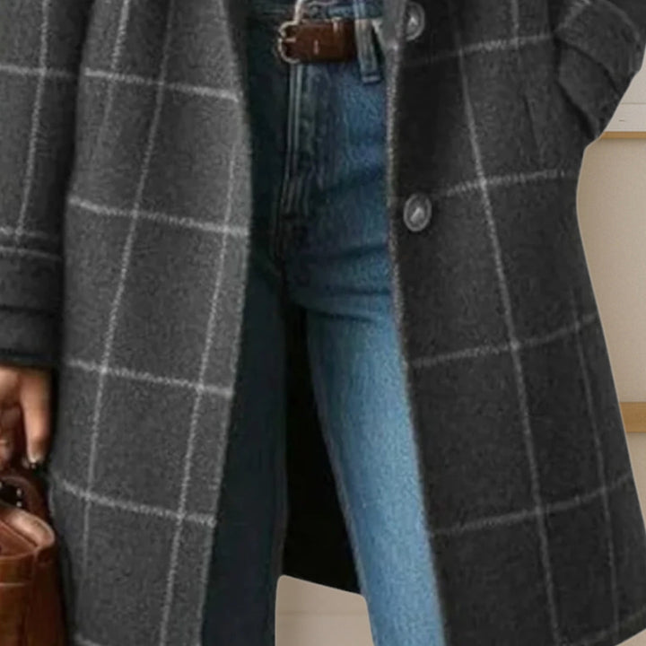 Women's long checked coat with notched lapels and button front