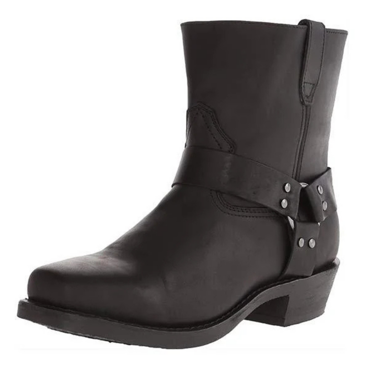 Men's cowboy boots with decorative strap, metal studs and low heel