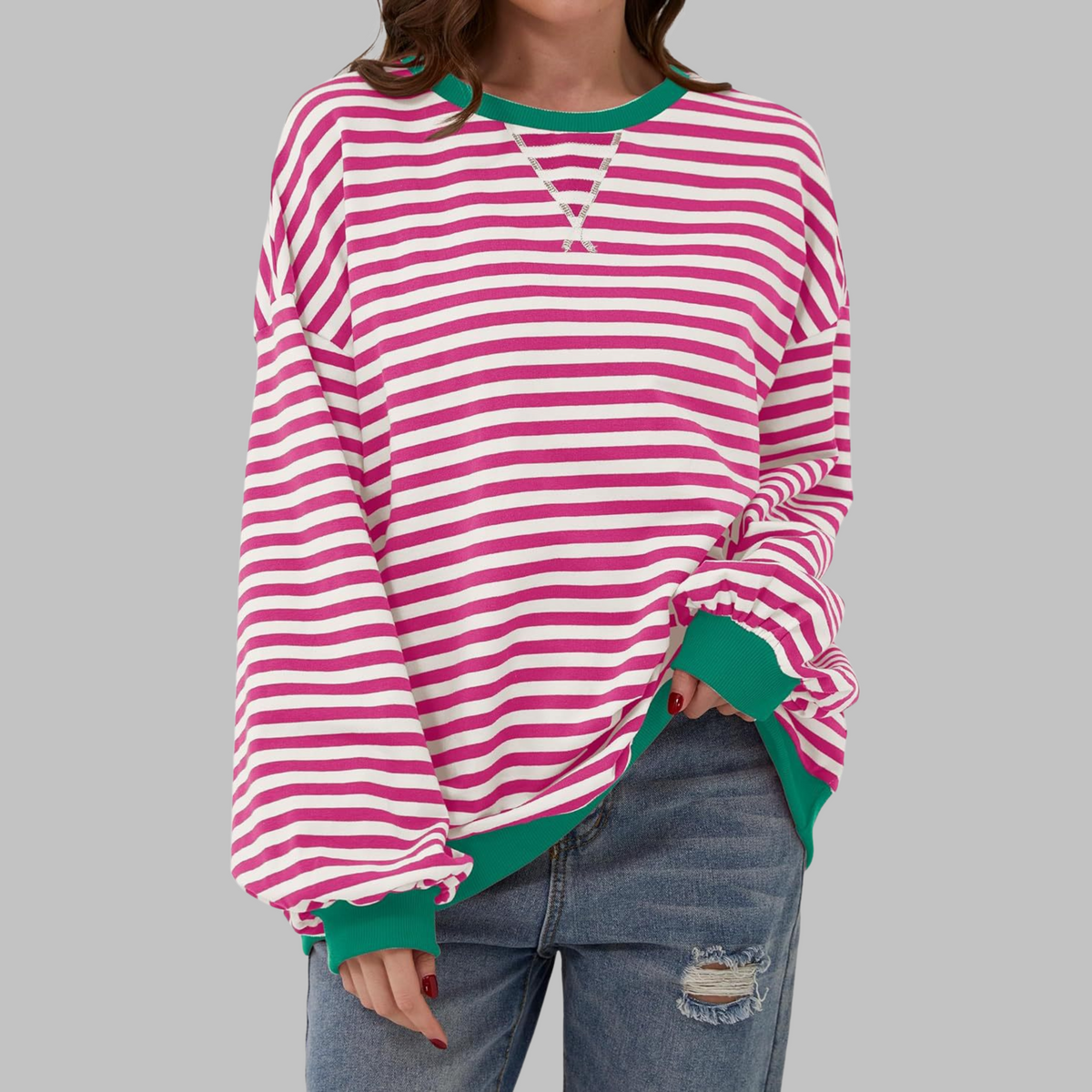 Women's striped crew neck sweatshirt with long sleeves and contrast ribbed trims