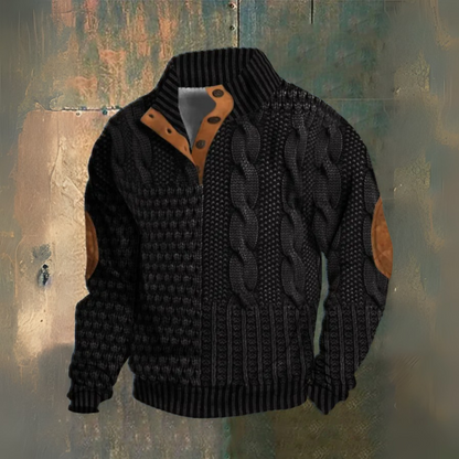 Men's textured cable knit sweater with high collar, button placket and sleeve patches