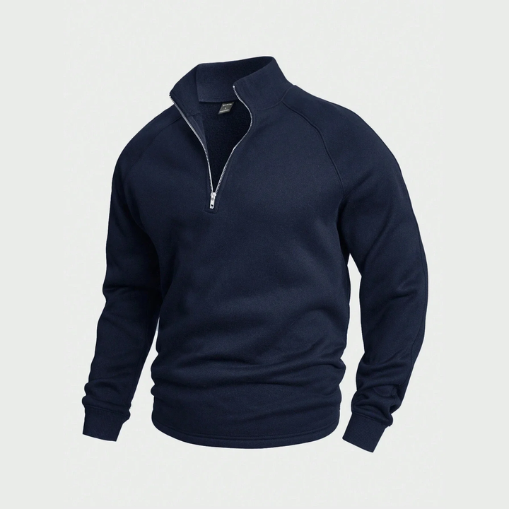 Men's plain half-zip pullover with stand collar and long sleeves