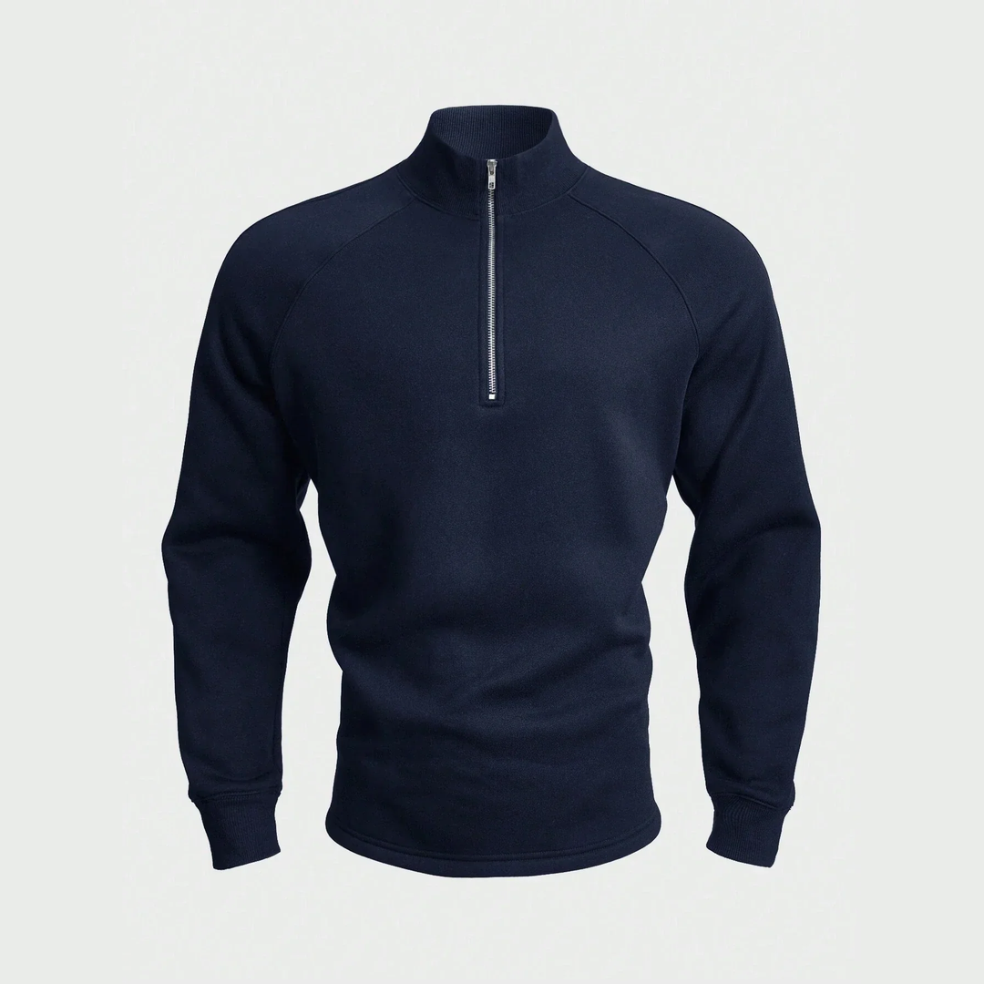 Men's plain half-zip pullover with stand collar and long sleeves