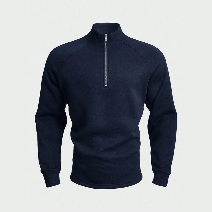 Men's plain half-zip pullover with stand collar and long sleeves