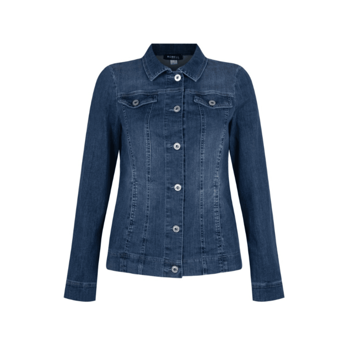 Women's blue fitted denim jacket with shirt collar, long sleeves and button front