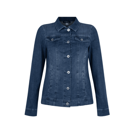 Women's blue fitted denim jacket with shirt collar, long sleeves and button front