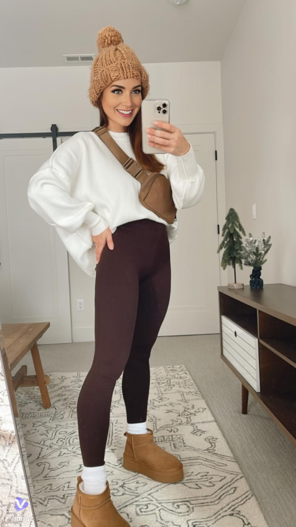 Women's full-length fleece leggings with high-rise waistband and contrasting lining