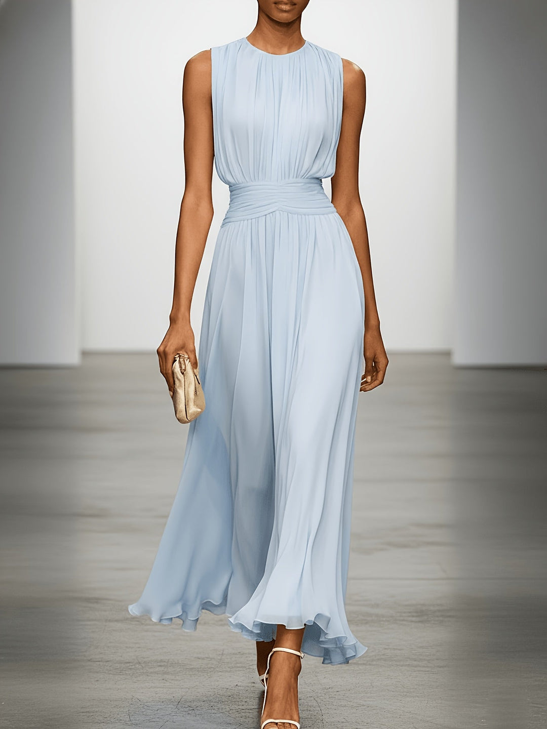 Women's Chiffon Midi Dress — Draped-Waist Flowing Elegant Summer Dress, Light Blue / XL