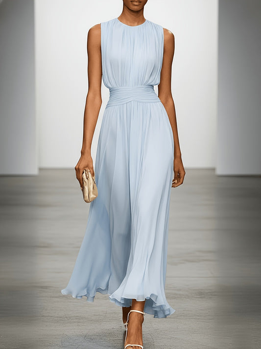 Women's Chiffon Midi Dress — Draped-Waist Flowing Elegant Summer Dress