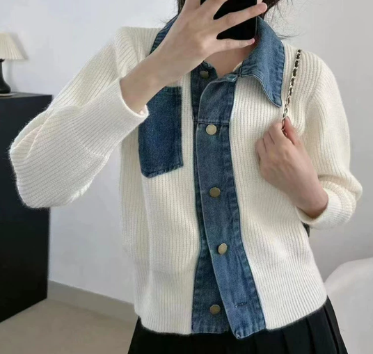 Women's ribbed knit cardigan with polo collar, button front and contrasting denim-effect trim