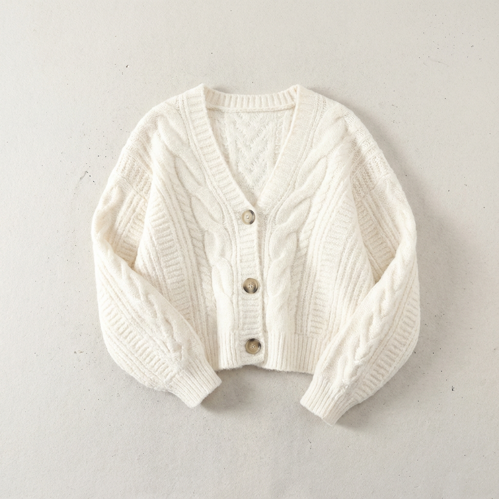 Women's cropped cable knit cardigan with V-neckline, buttons and long sleeves