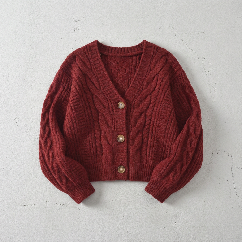 Women's cropped cable knit cardigan with V-neckline, buttons and long sleeves