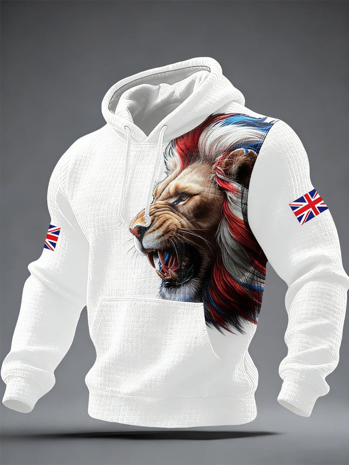 Men's lion print hoodie with drawstring hood and kangaroo pocket