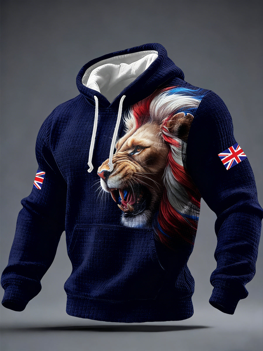 Men's lion print hoodie with drawstring hood and kangaroo pocket