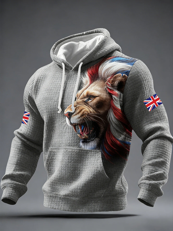 Men's lion print hoodie with drawstring hood and kangaroo pocket
