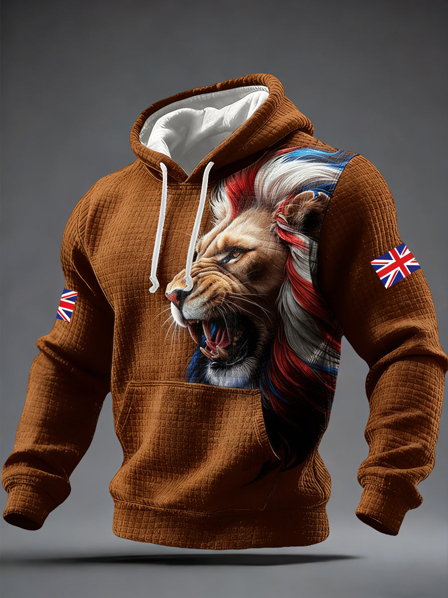 Men's lion print hoodie with drawstring hood and kangaroo pocket