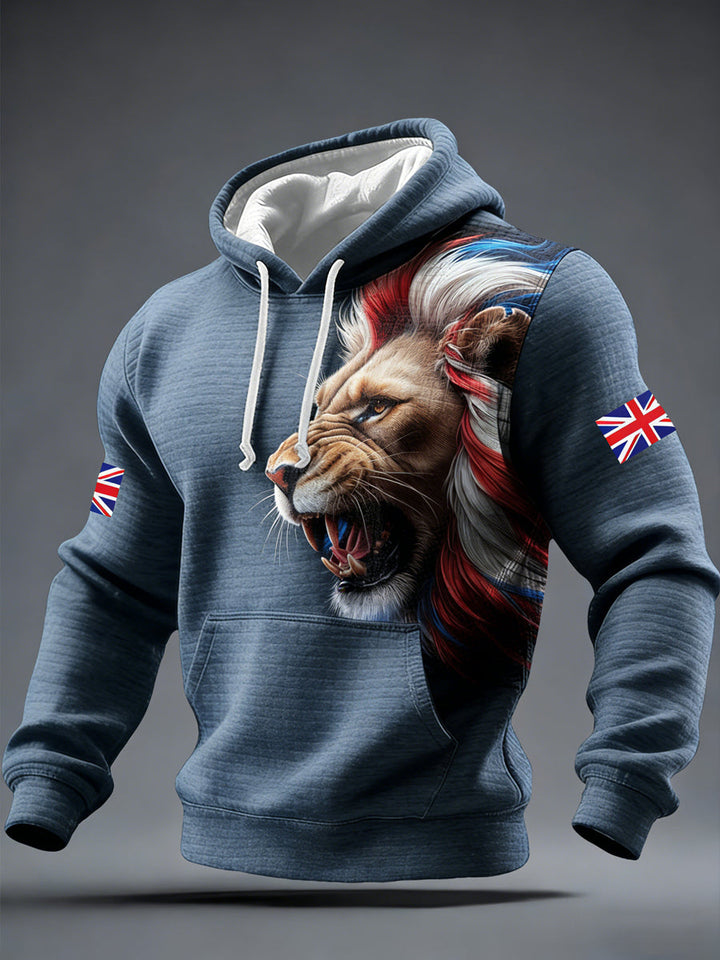 Men's lion print hoodie with drawstring hood and kangaroo pocket